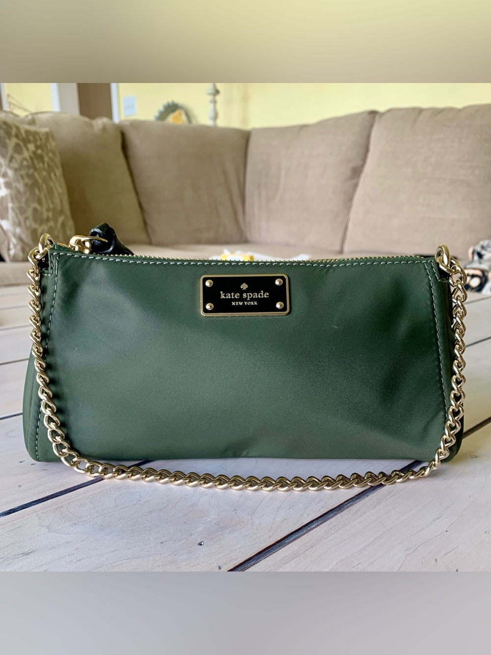 kate spade olive green storybook nylon shoulder bag with gold chain